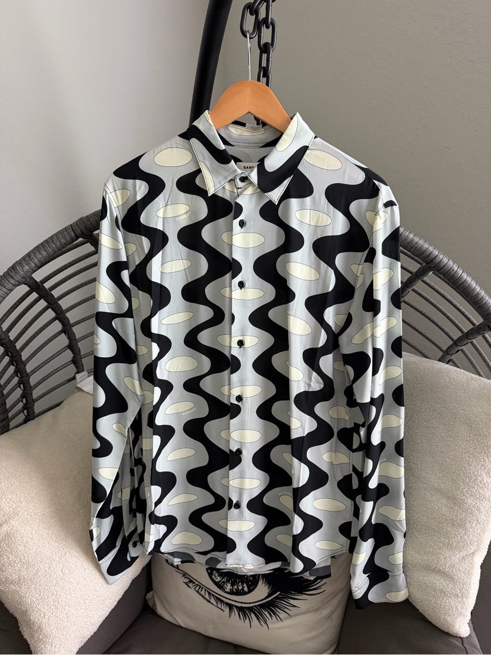 Sandro Black, Gray & Cream Wave-Print Button-Down Shirt S - Picture 2 of 11
